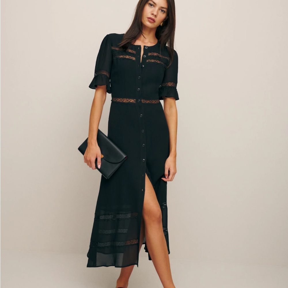 reformation woodson black lace insert maxi dress EUC